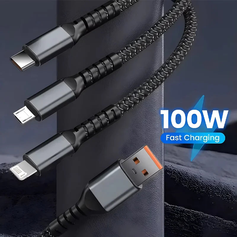 Lâmpada piloto transparente 3 em 1 100 W, cabo de carregamento super rápido universal com micro USB tipo C para iPhone, Samsung, Huawei, Xiaomi 6A