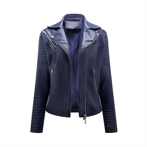 Jaqueta de couro sintético feminina, primavera/outono, com zíper, casual, casaco de couro sintético, roupa de motociclista feminina, tamanho P / GG