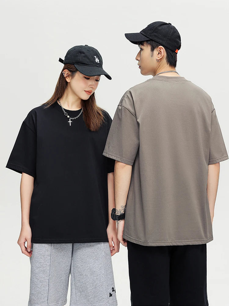 Camiseta de verão masculina 260GSM, moda coreana, manga curta, camisetas básicas soltas, tops lisos, camiseta grande unissex