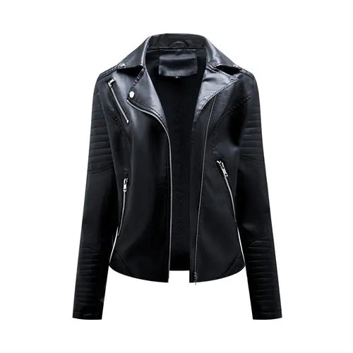 Jaqueta de couro sintético feminina, primavera/outono, com zíper, casual, casaco de couro sintético, roupa de motociclista feminina, tamanho P / GG
