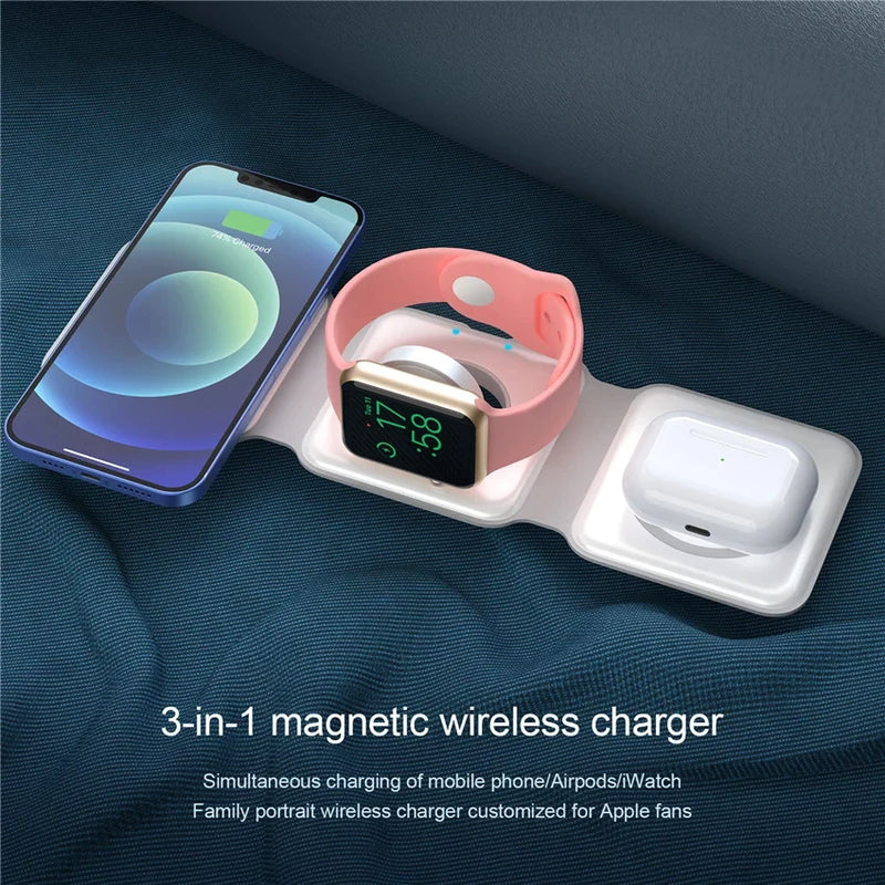 Estação de carregamento 3 em 1 para iPhone série 15/14/13/12, carregador de viagem para vários dispositivos para AirPods 3/2/Pro, série Apple Watch