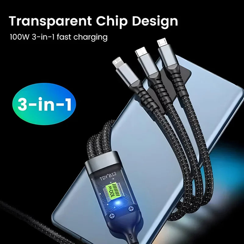 Lâmpada piloto transparente 3 em 1 100 W, cabo de carregamento super rápido universal com micro USB tipo C para iPhone, Samsung, Huawei, Xiaomi 6A