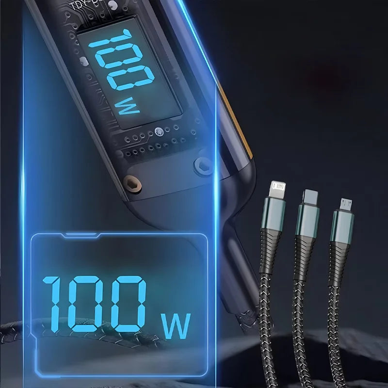 Lâmpada piloto transparente 3 em 1 100 W, cabo de carregamento super rápido universal com micro USB tipo C para iPhone, Samsung, Huawei, Xiaomi 6A