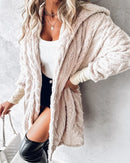 Cardigã Feminino Lazy 2025 Outono/Inverno Última Coleção Fuzzy Texturizado com Capô, Casaco Longo, Jaqueta de Manga Longa, Cor Sólida, Frente Aberta