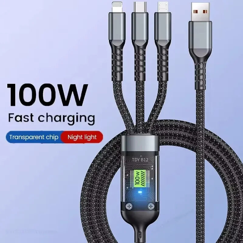 Lâmpada piloto transparente 3 em 1 100 W, cabo de carregamento super rápido universal com micro USB tipo C para iPhone, Samsung, Huawei, Xiaomi 6A